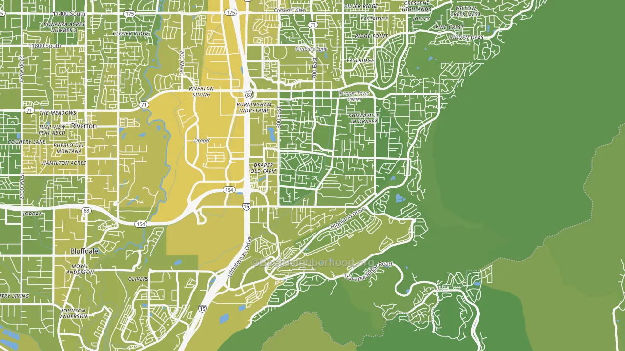 Map of the best neighborhoods in the Draper area, with better matches in green and worse matches in red