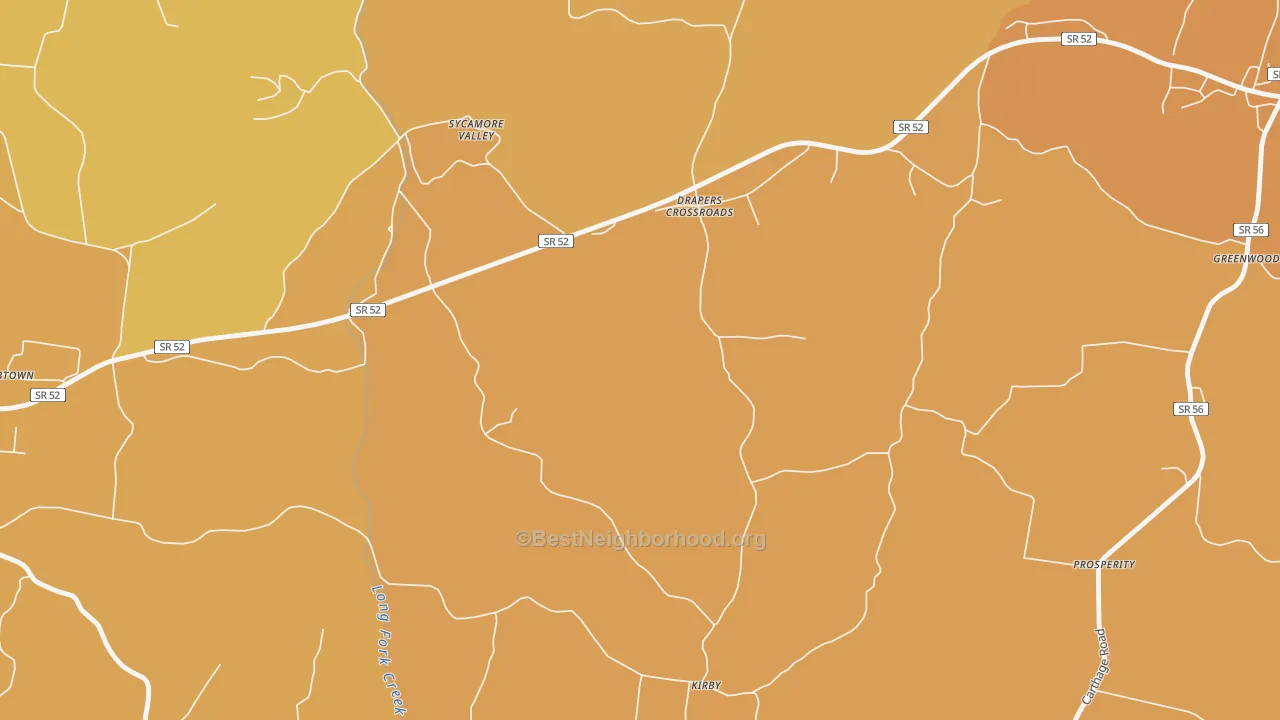 Map of the best neighborhoods in the Drapers Crossroads area, with better matches in green and worse matches in red