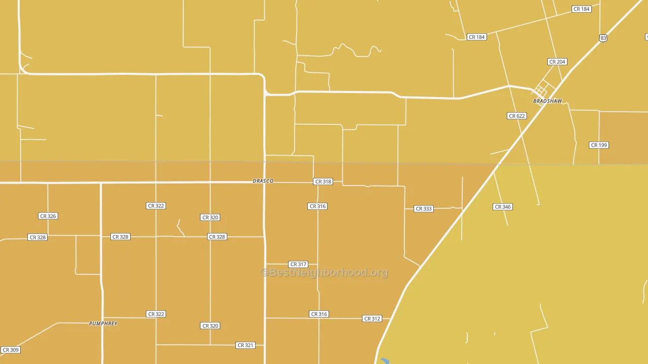 Map of the best neighborhoods in the Drasco area, with better matches in green and worse matches in red