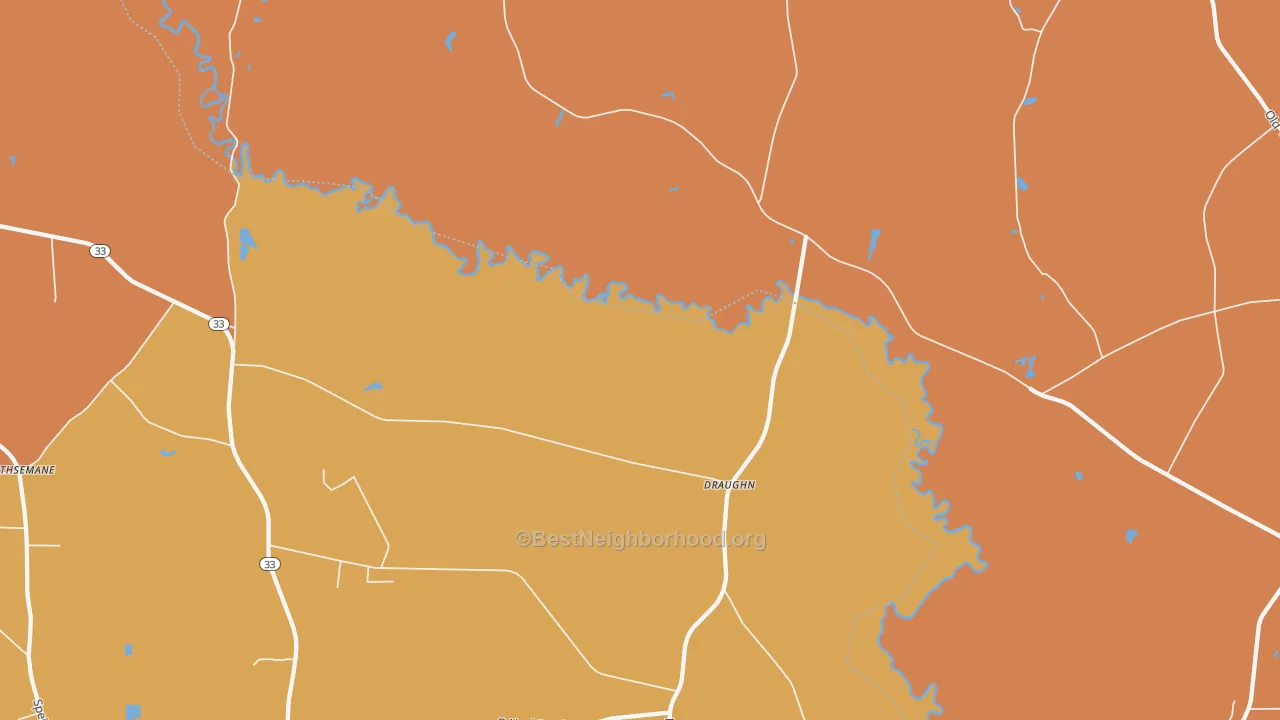 Map of the best neighborhoods in the Draughn area, with better matches in green and worse matches in red