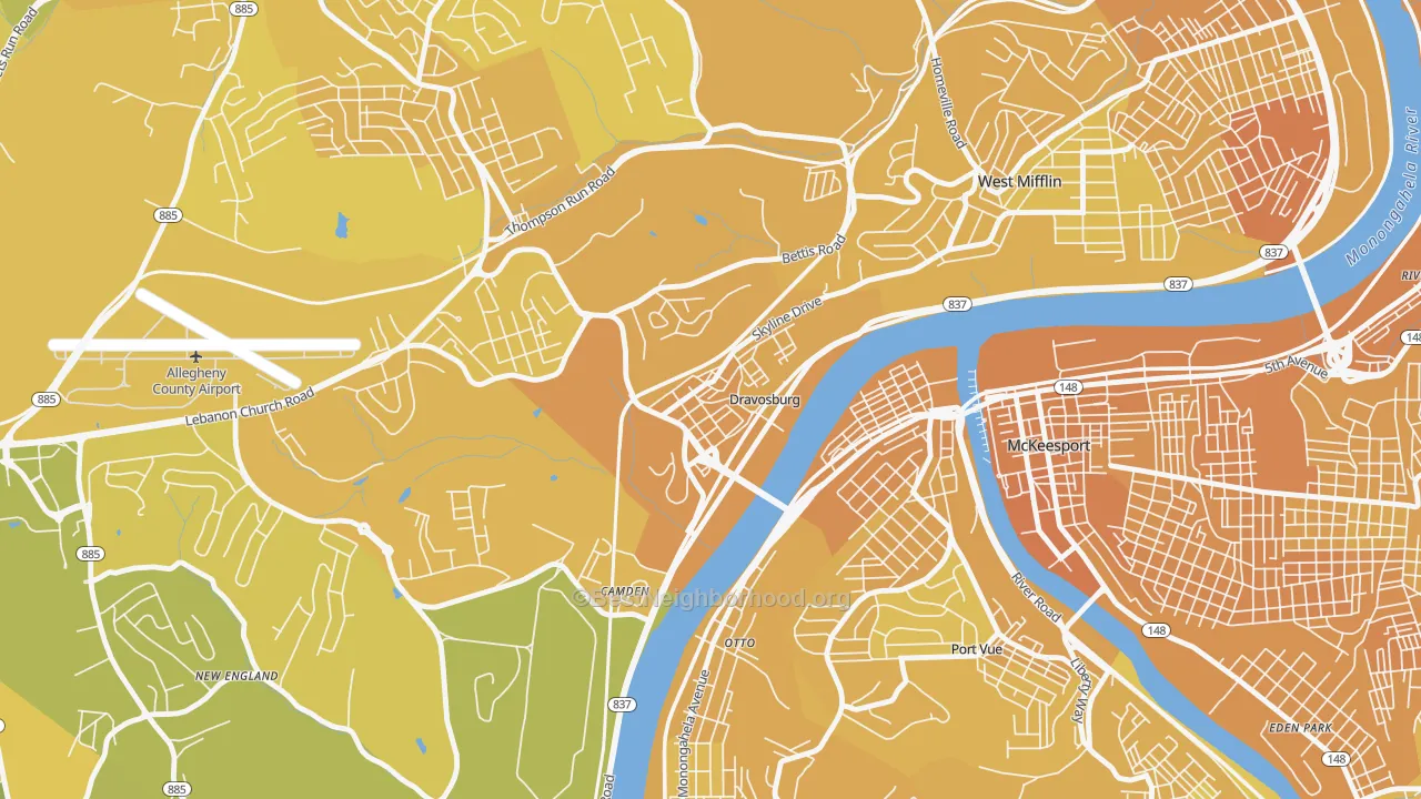 Map of the best neighborhoods in the Dravosburg area, with better matches in green and worse matches in red