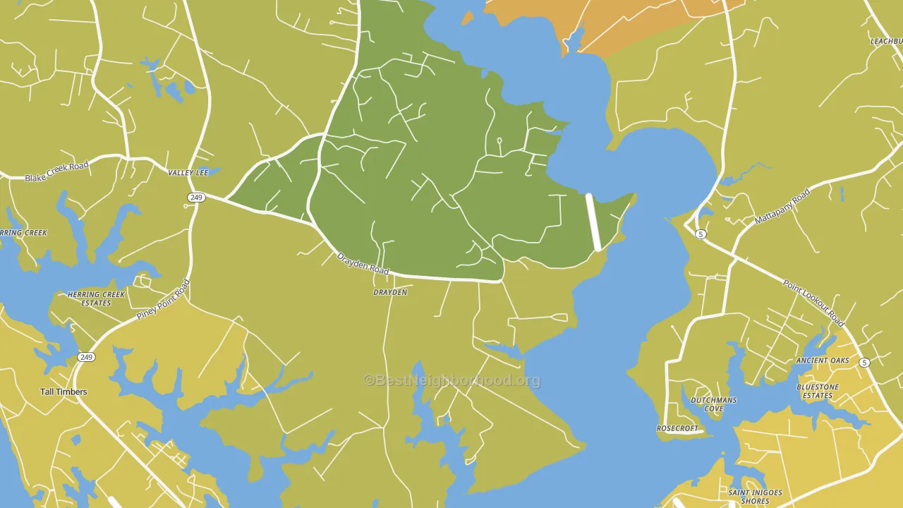 Map of the best neighborhoods in the Drayden area, with better matches in green and worse matches in red