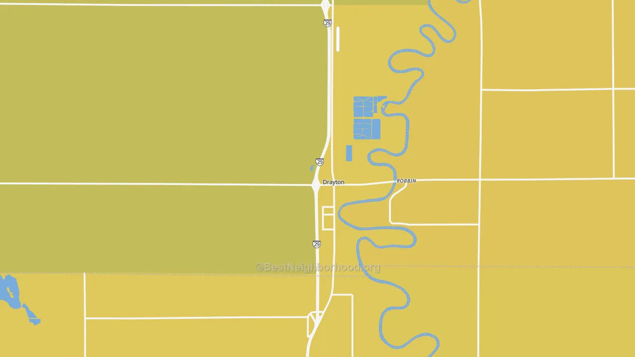 Map of the best neighborhoods in the Drayton area, with better matches in green and worse matches in red