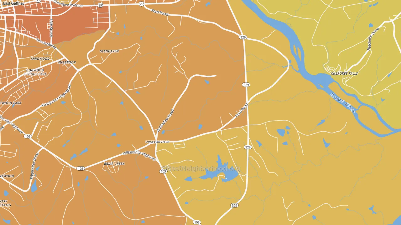 Map of the best neighborhoods in the Draytonville area, with better matches in green and worse matches in red