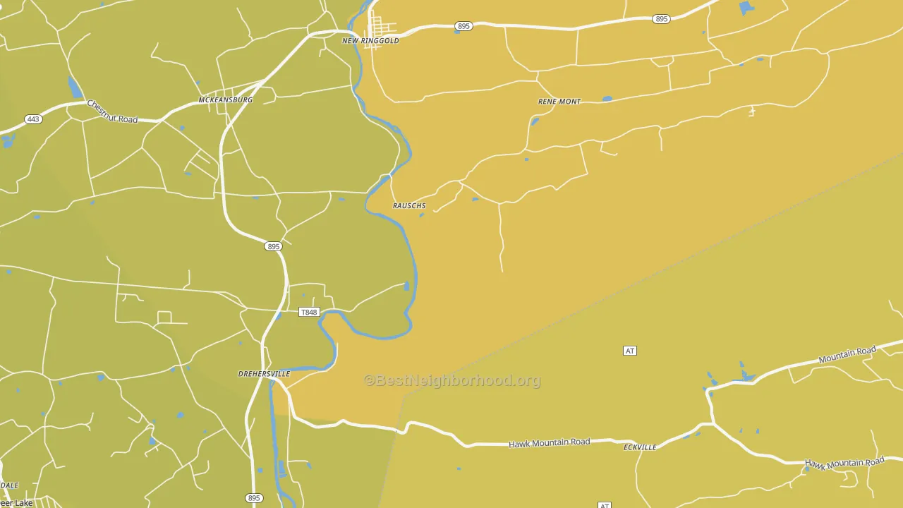 Map of the best neighborhoods in the Drehersville area, with better matches in green and worse matches in red