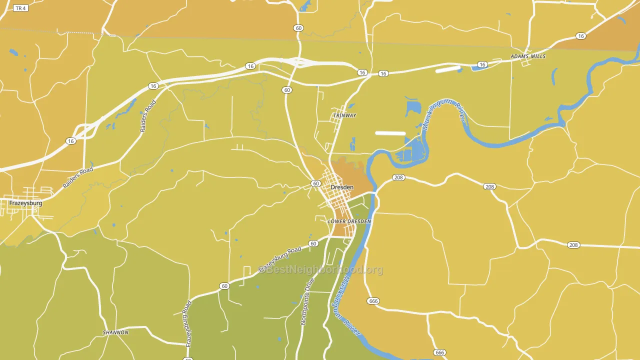 Map of the best neighborhoods in the Dresden area, with better matches in green and worse matches in red