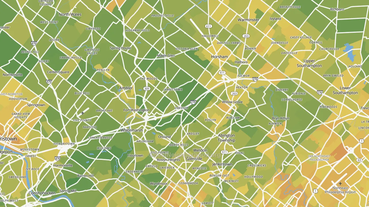 Map of the best neighborhoods in the Dresher area, with better matches in green and worse matches in red