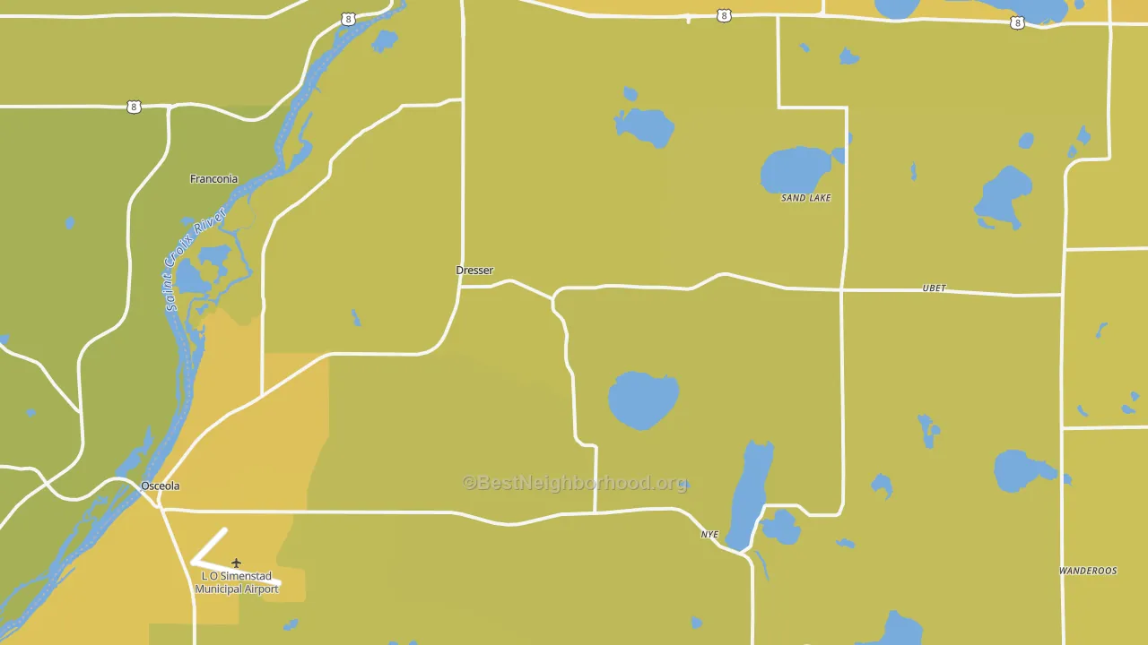 Map of the best neighborhoods in the Dresser area, with better matches in green and worse matches in red