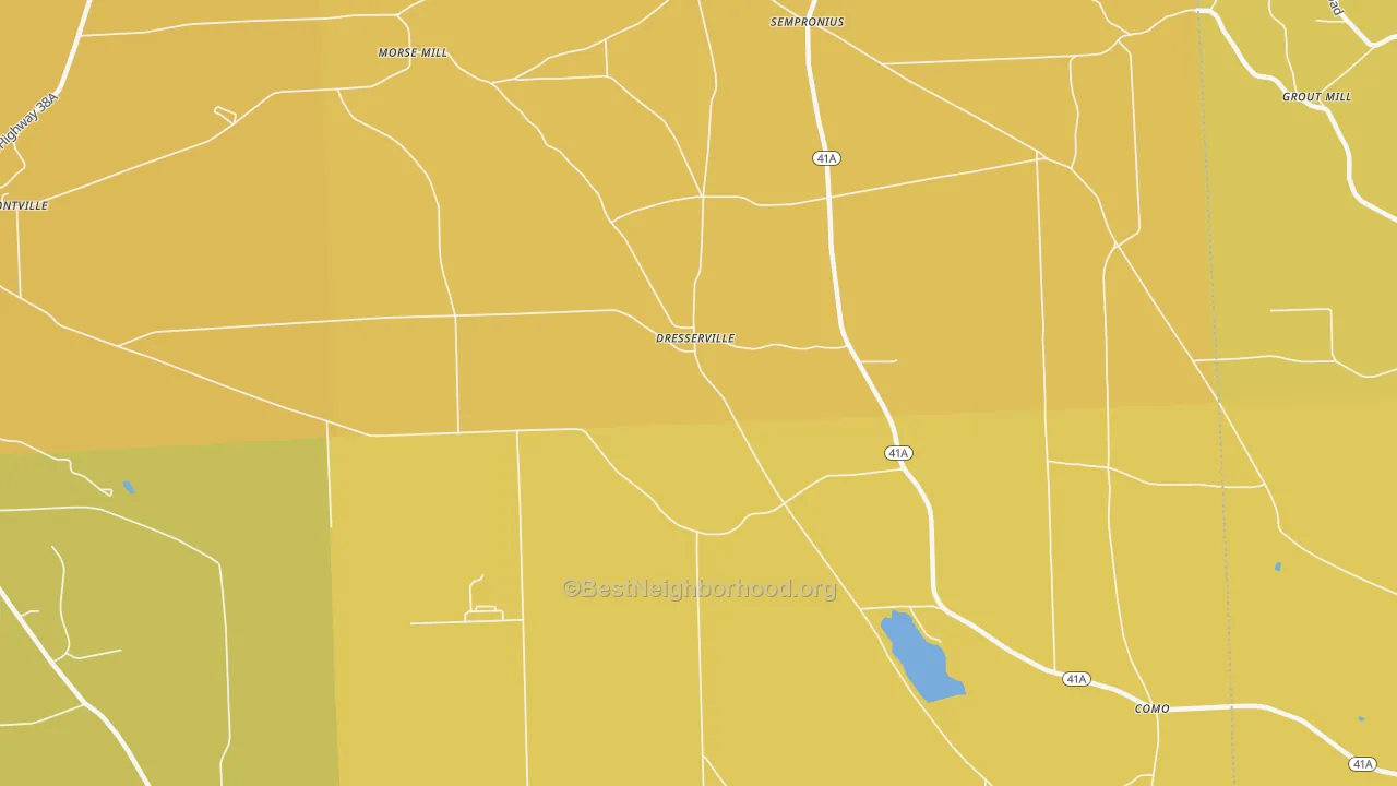 Map of the best neighborhoods in the Dresserville area, with better matches in green and worse matches in red