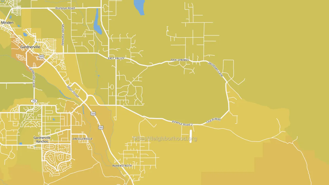 Map of the best neighborhoods in the Dresslerville area, with better matches in green and worse matches in red