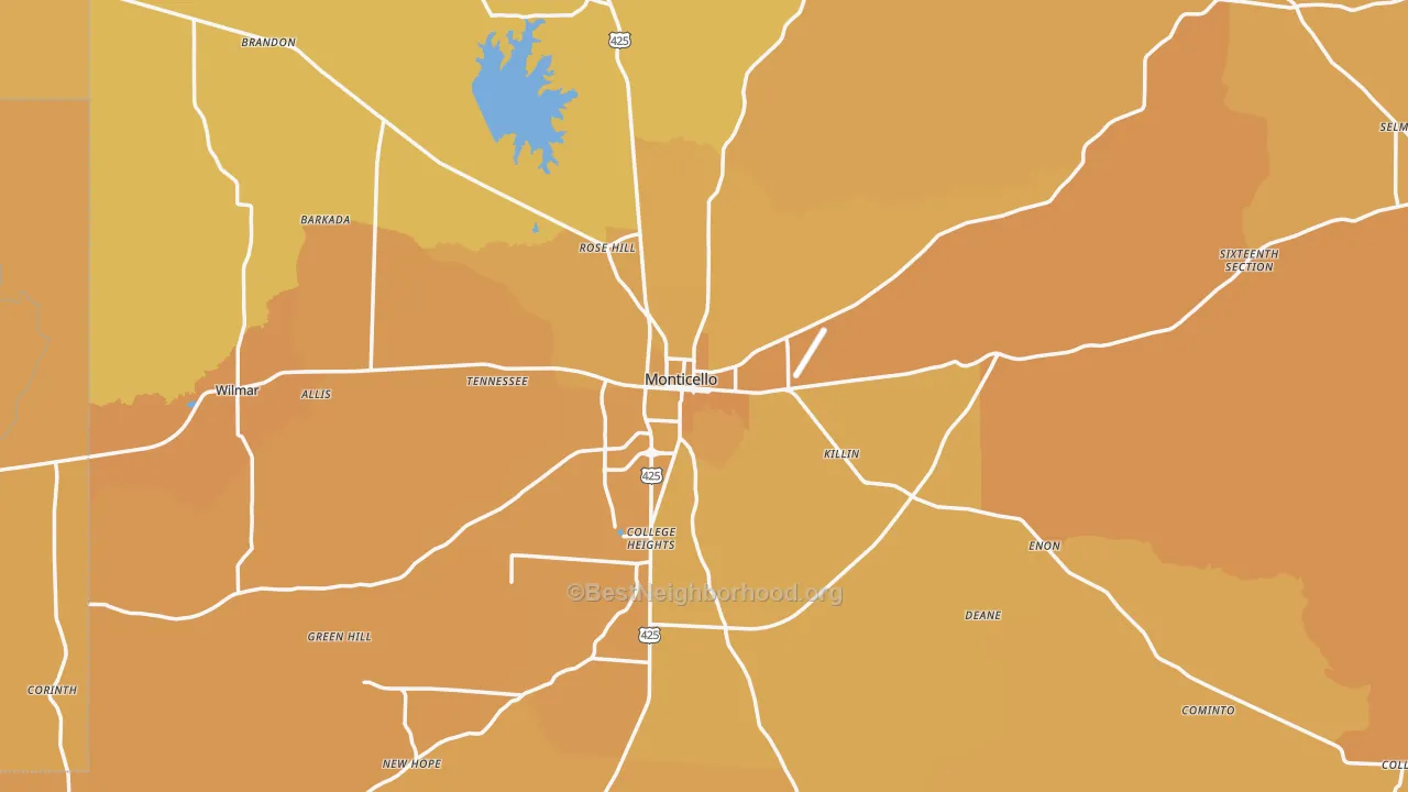 Map of the best neighborhoods in the Drew County area, with better matches in green and worse matches in red