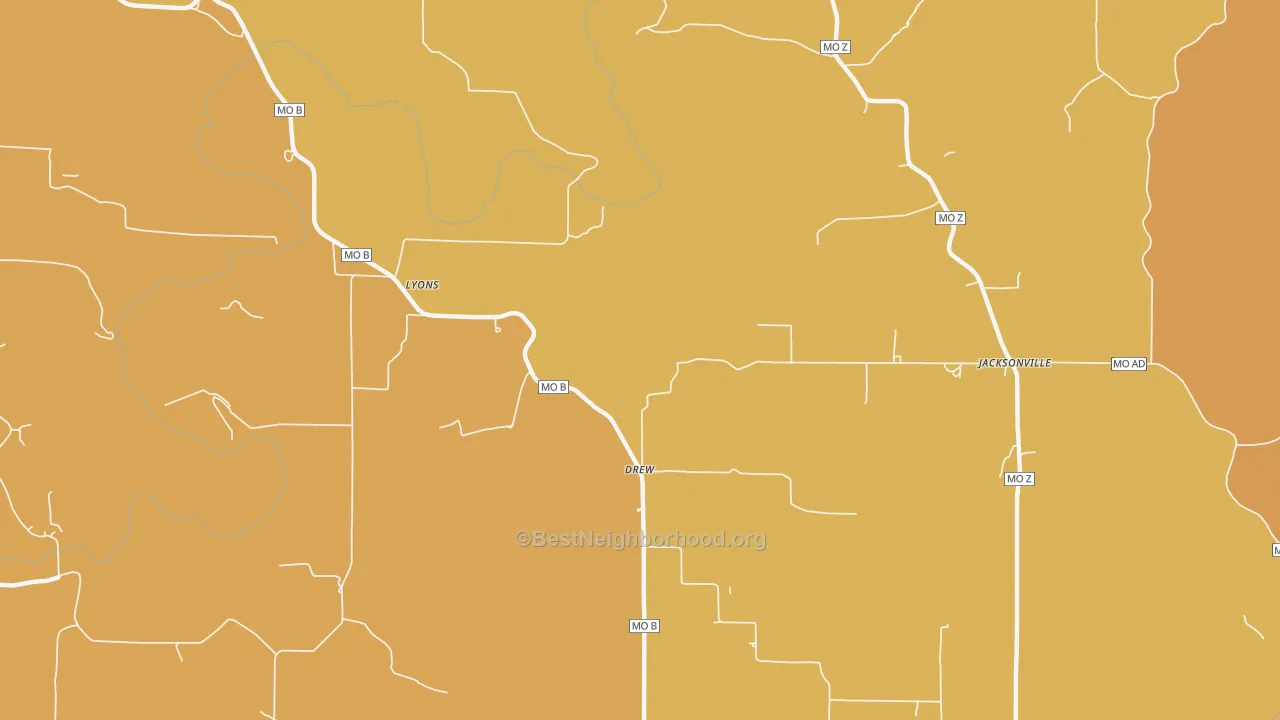 Map of the best neighborhoods in the Drew area, with better matches in green and worse matches in red