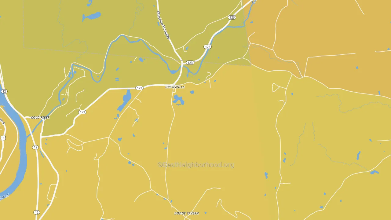 Map of the best neighborhoods in the Drewsville area, with better matches in green and worse matches in red