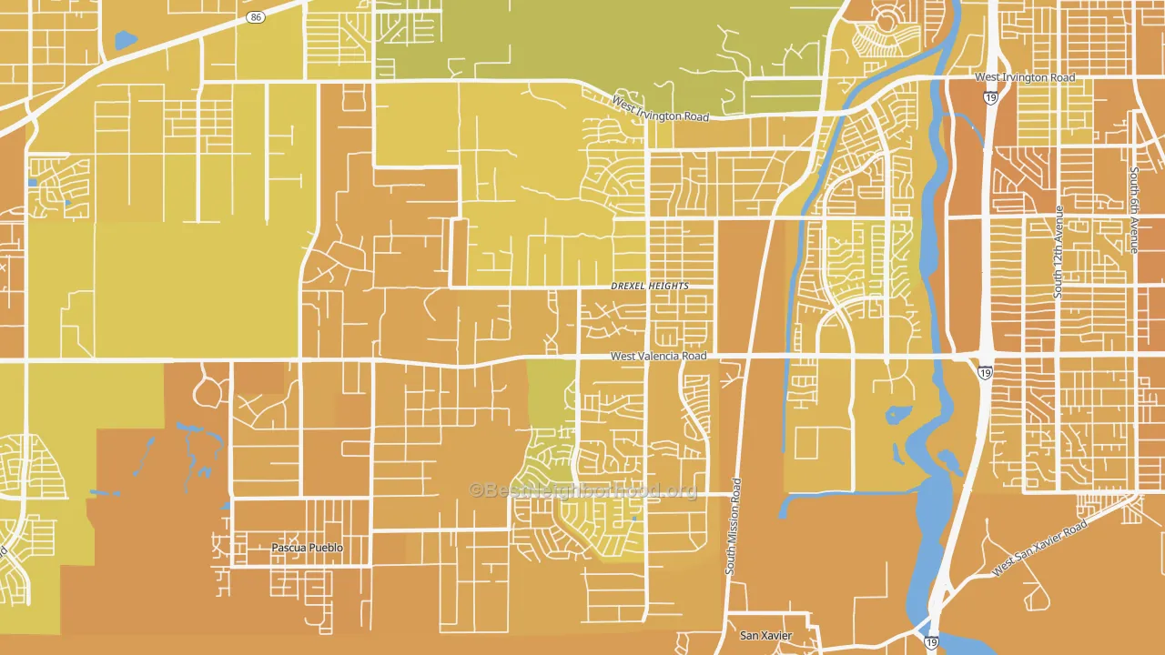 Map of the best neighborhoods in the Drexel Heights area, with better matches in green and worse matches in red