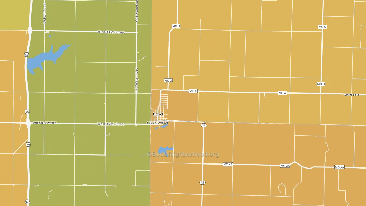 Map of the best neighborhoods in the Drexel area, with better matches in green and worse matches in red