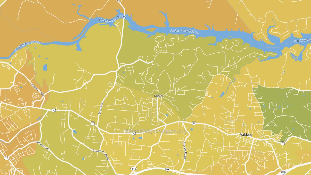 Map of the best neighborhoods in the Drexel area, with better matches in green and worse matches in red