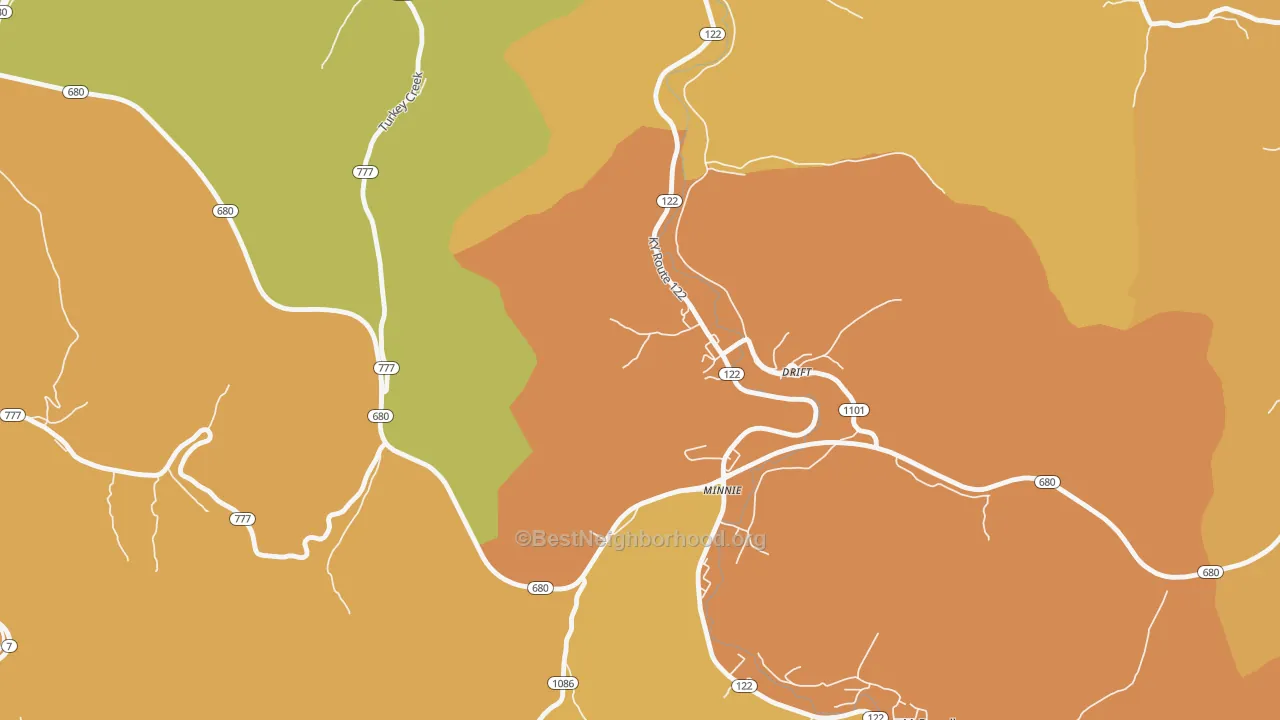 Map of the best neighborhoods in the Drift area, with better matches in green and worse matches in red