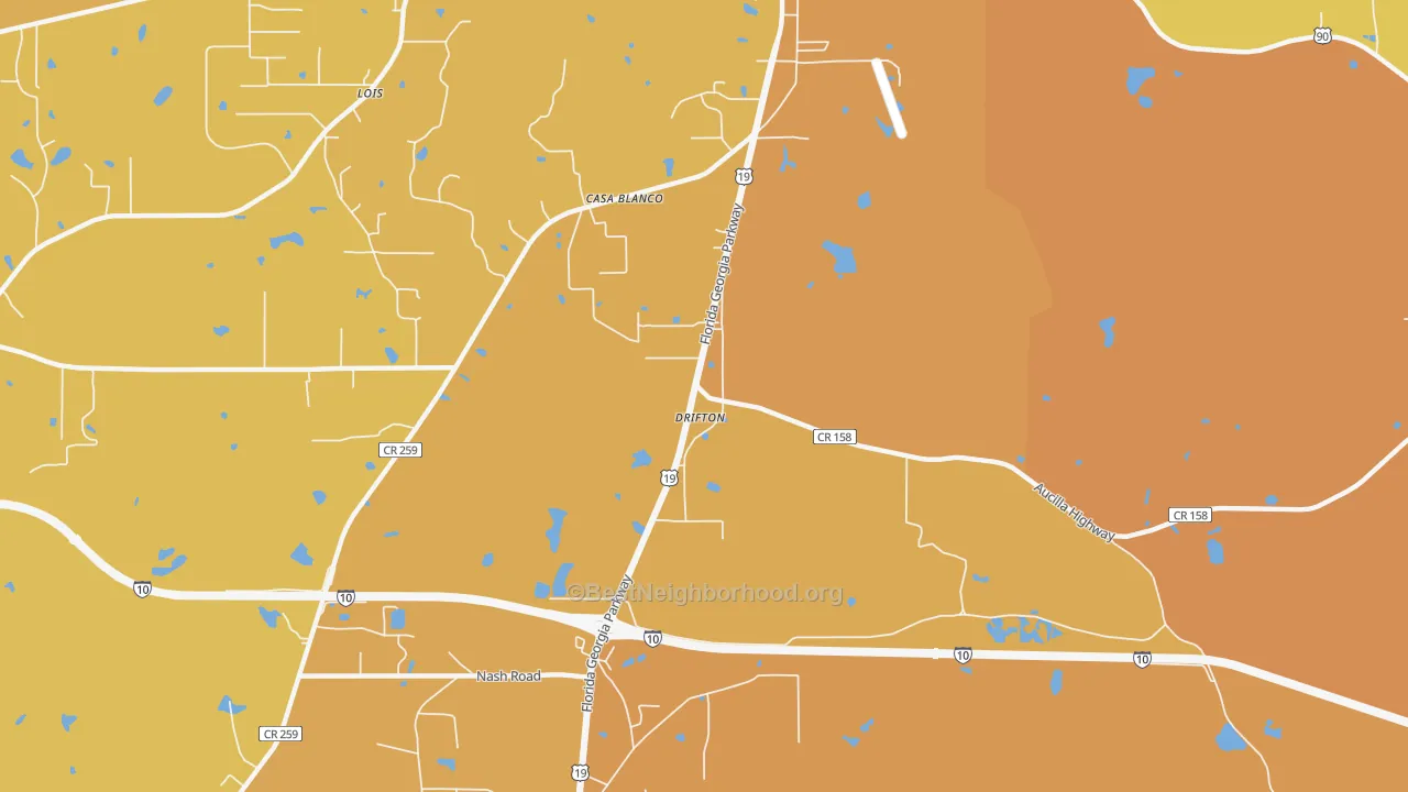 Map of the best neighborhoods in the Drifton area, with better matches in green and worse matches in red