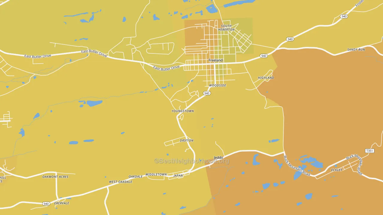 Map of the best neighborhoods in the Drifton area, with better matches in green and worse matches in red