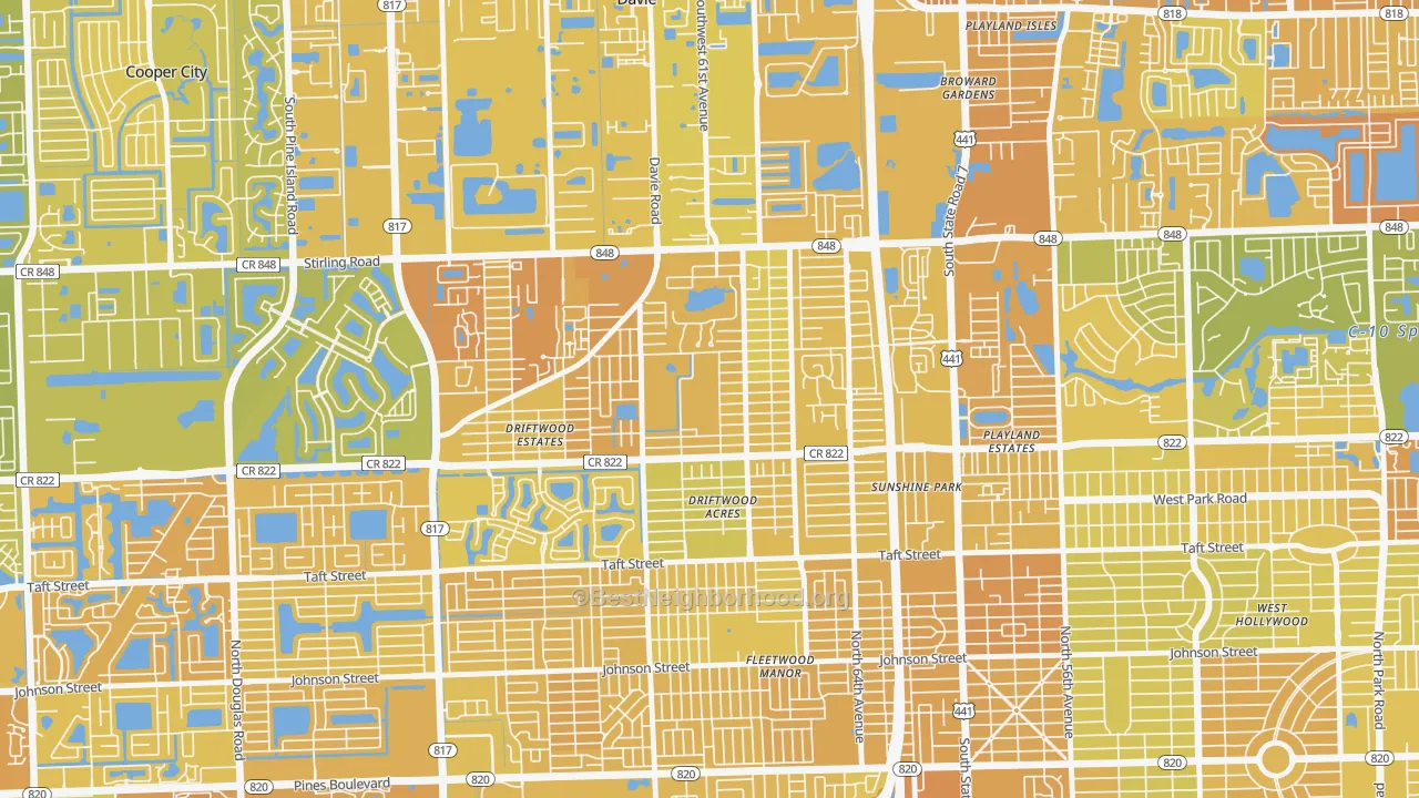 Map of the best neighborhoods in the Driftwood, Hollywood area, with better matches in green and worse matches in red