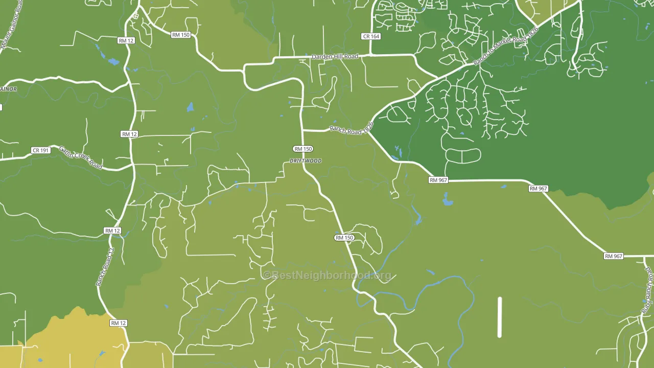 Map of the best neighborhoods in the Driftwood area, with better matches in green and worse matches in red