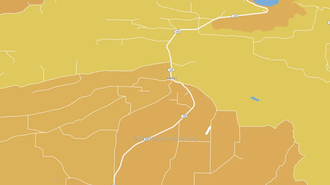 Map of the best neighborhoods in the Driggs area, with better matches in green and worse matches in red