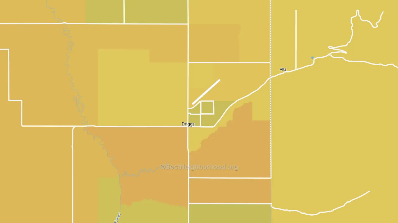 Map of the best neighborhoods in the Driggs area, with better matches in green and worse matches in red