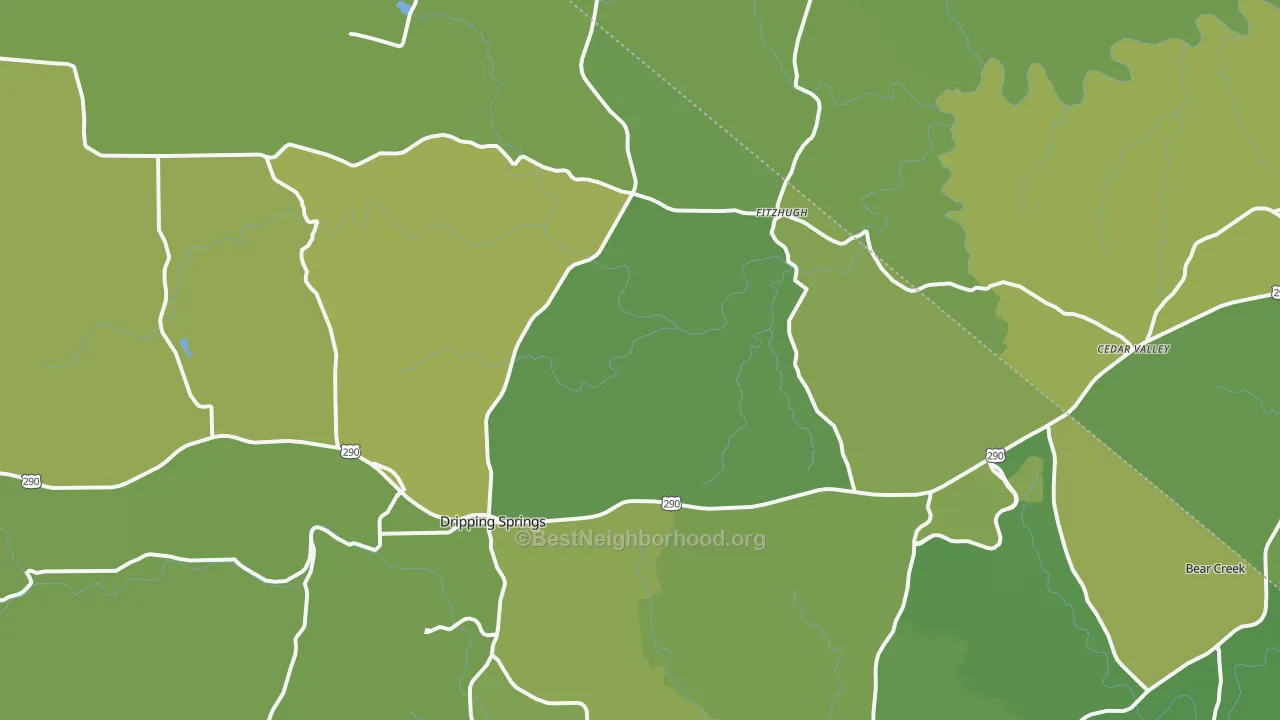 Map of the best neighborhoods in the Dripping Springs area, with better matches in green and worse matches in red