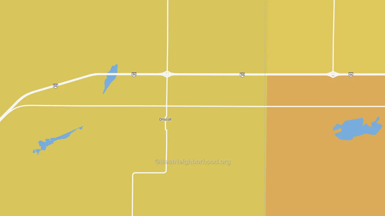 Map of the best neighborhoods in the Driscoll area, with better matches in green and worse matches in red