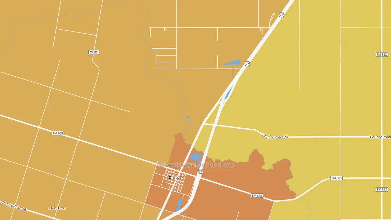 Map of the best neighborhoods in the Driscoll area, with better matches in green and worse matches in red