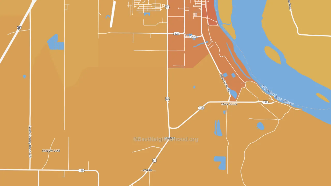 Map of the best neighborhoods in the Driver area, with better matches in green and worse matches in red