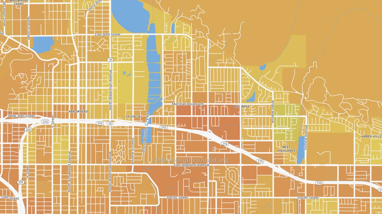 Map of the best neighborhoods in the Drnag, San Bernardino area, with better matches in green and worse matches in red