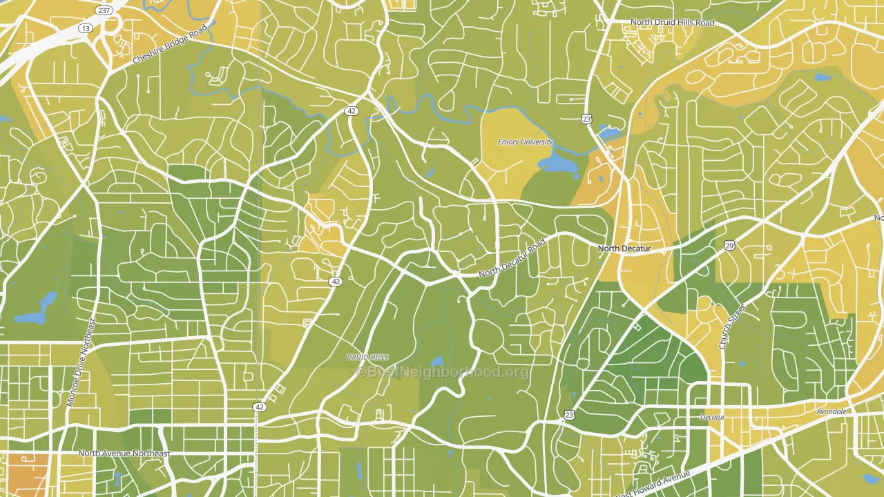 Map of the best neighborhoods in the Druid Hills area, with better matches in green and worse matches in red