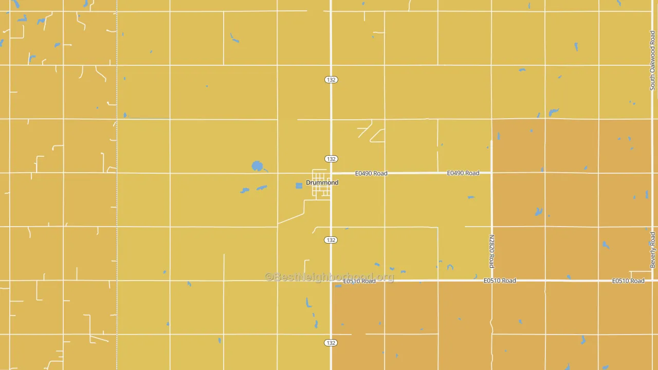 Map of the best neighborhoods in the Drummond area, with better matches in green and worse matches in red
