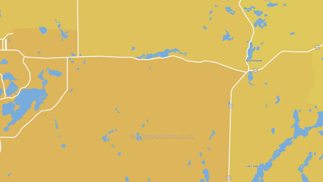 Map of the best neighborhoods in the Drummond area, with better matches in green and worse matches in red