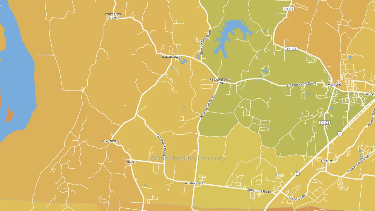 Map of the best neighborhoods in the Drummonds area, with better matches in green and worse matches in red
