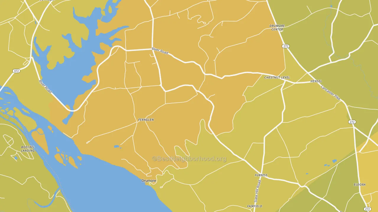 Map of the best neighborhoods in the Drumore area, with better matches in green and worse matches in red