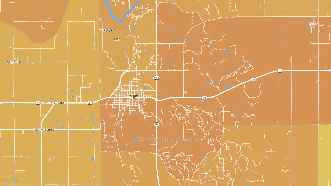 Map of the best neighborhoods in the Drumright area, with better matches in green and worse matches in red