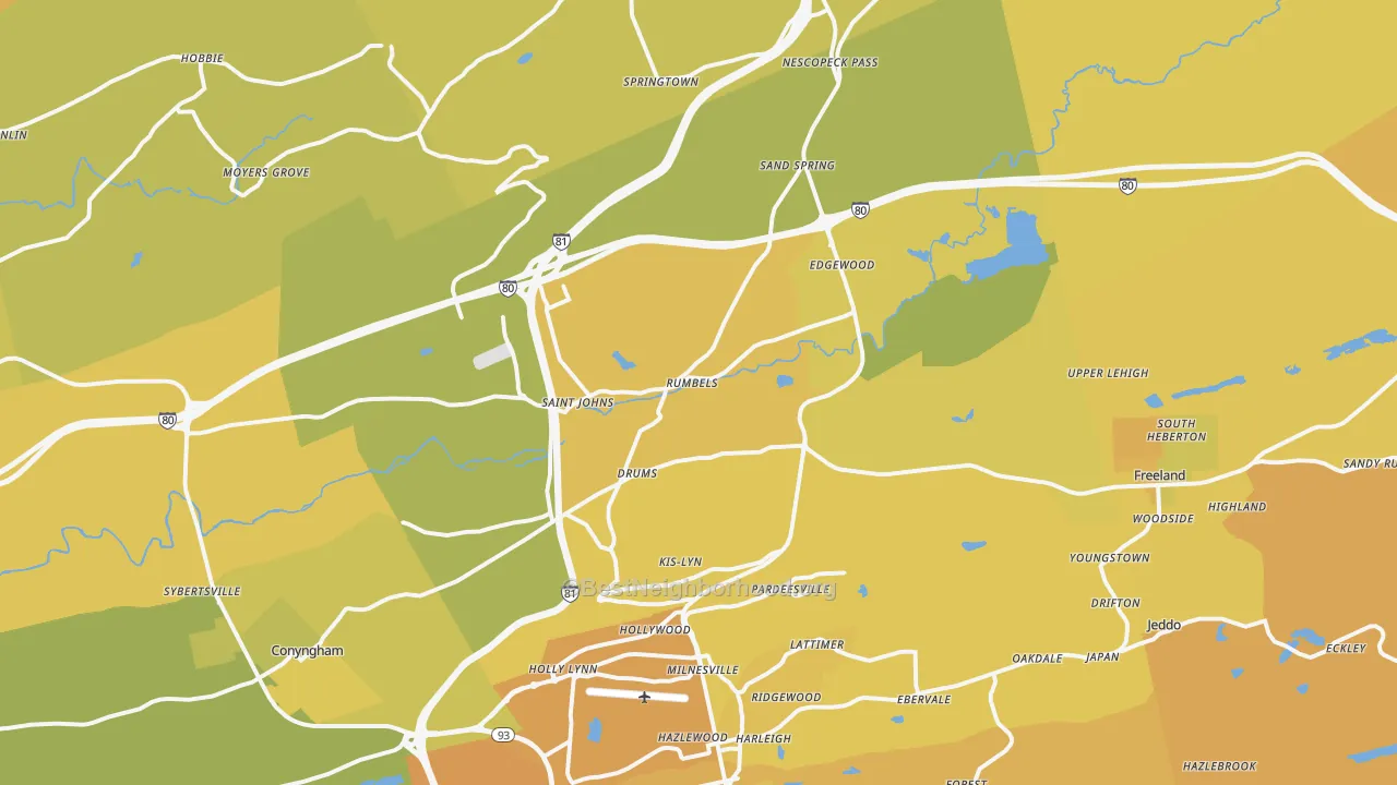 Map of the best neighborhoods in the Drums area, with better matches in green and worse matches in red