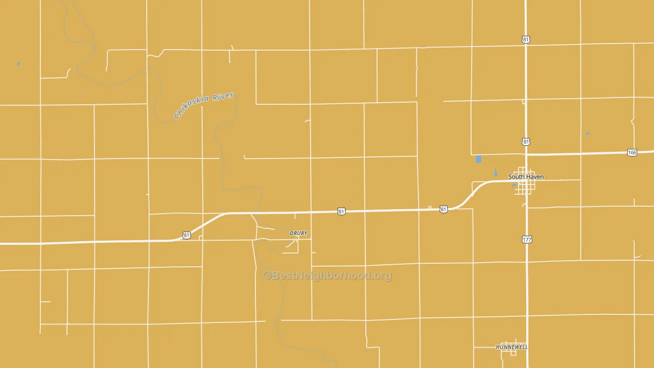 Map of the best neighborhoods in the Drury area, with better matches in green and worse matches in red