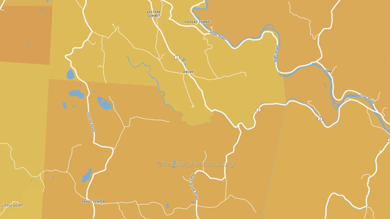 Map of the best neighborhoods in the Drury area, with better matches in green and worse matches in red