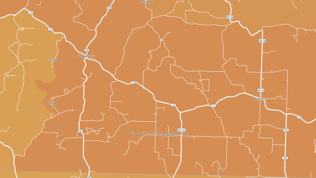 Map of the best neighborhoods in the Drury area, with better matches in green and worse matches in red