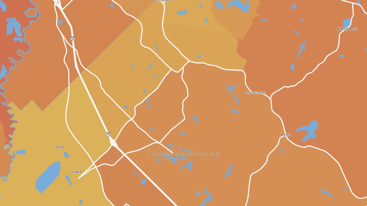 Map of the best neighborhoods in the Dry Branch area, with better matches in green and worse matches in red