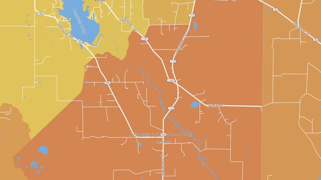 Map of the best neighborhoods in the Dry Creek area, with better matches in green and worse matches in red