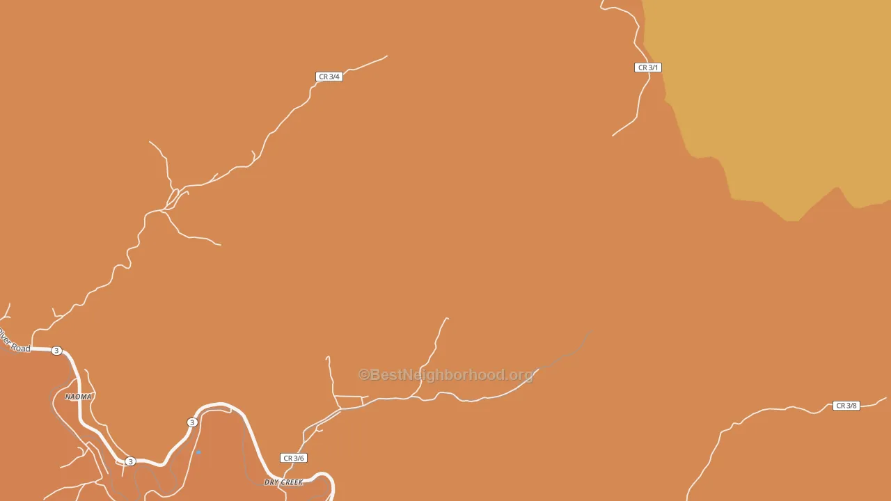 Map of the best neighborhoods in the Dry Creek area, with better matches in green and worse matches in red