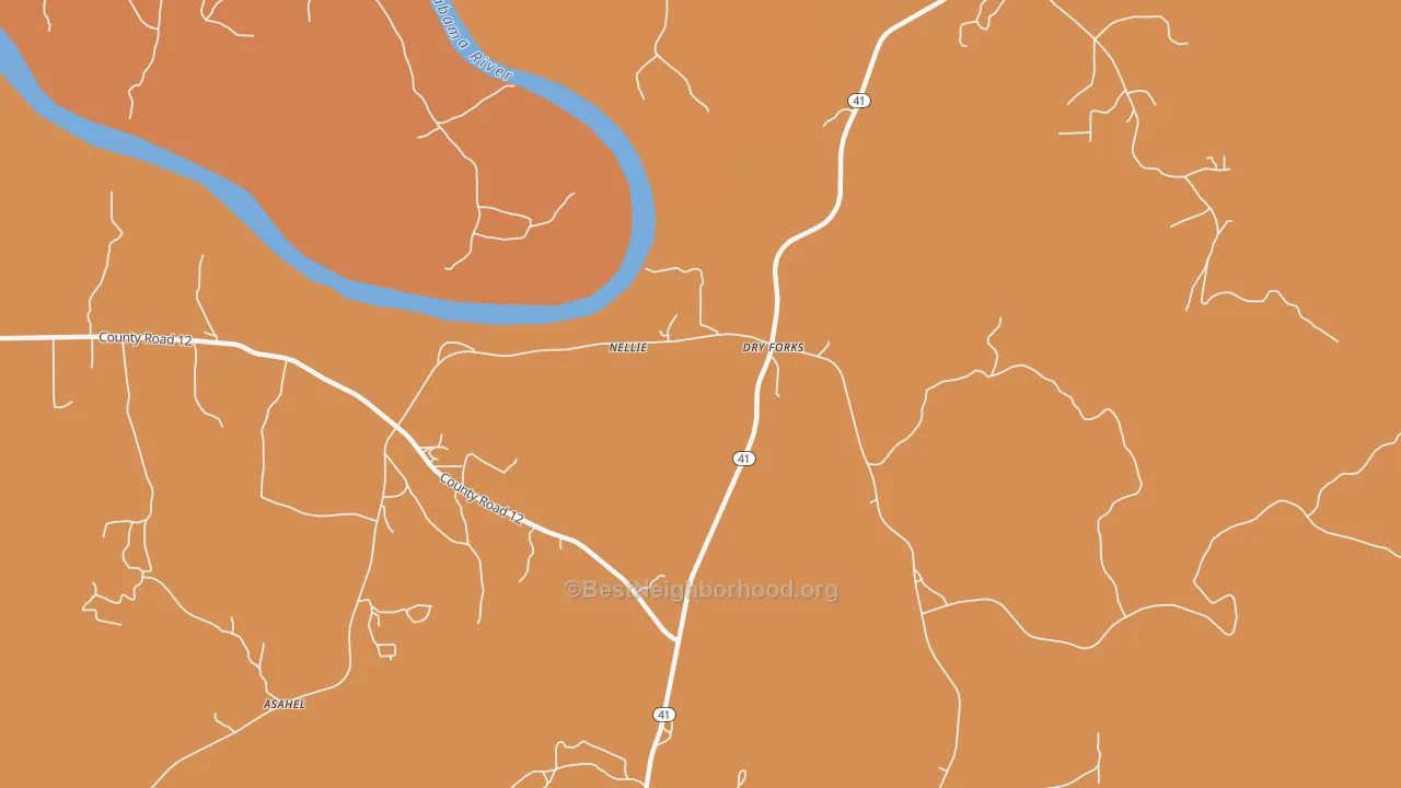 Map of the best neighborhoods in the Dry Forks area, with better matches in green and worse matches in red