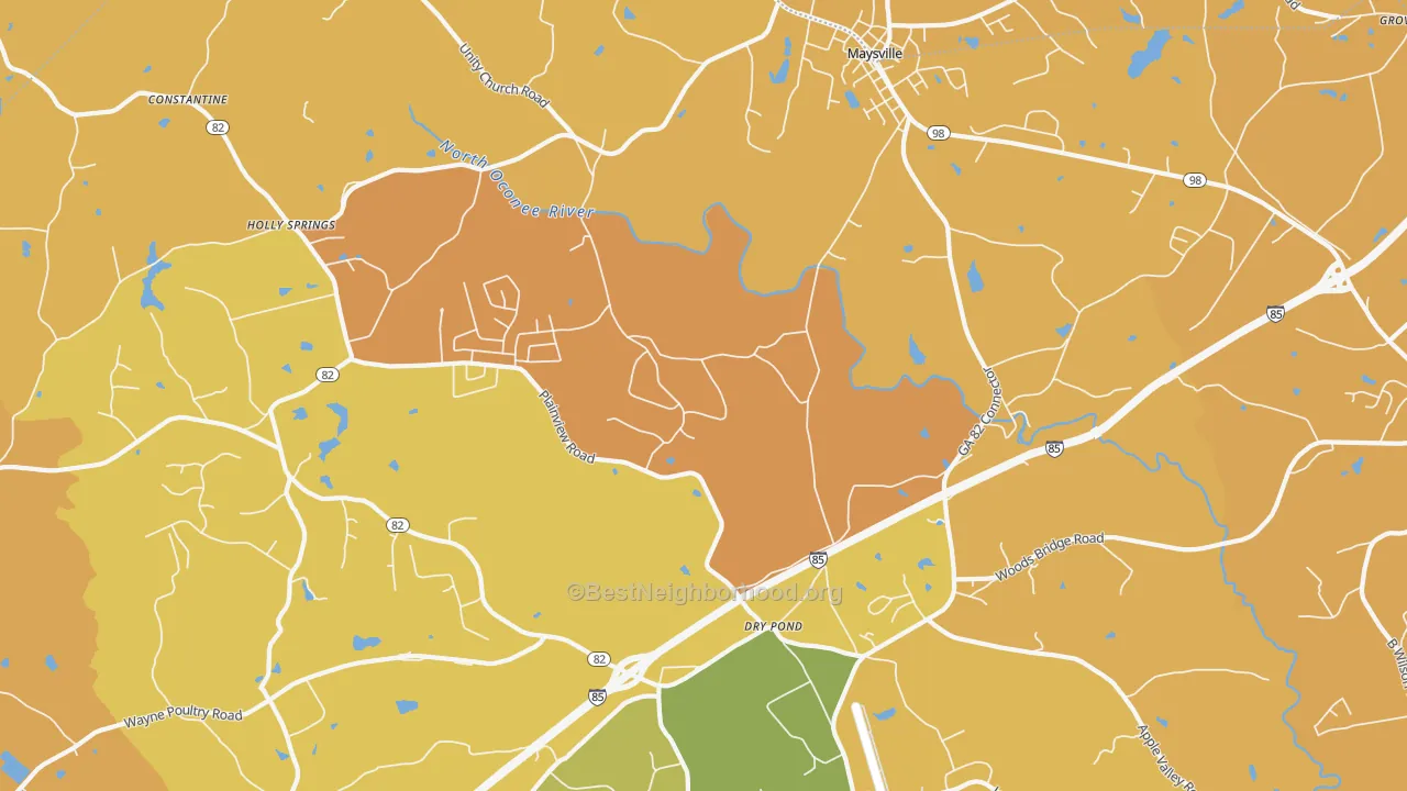 Map of the best neighborhoods in the Dry Pond area, with better matches in green and worse matches in red