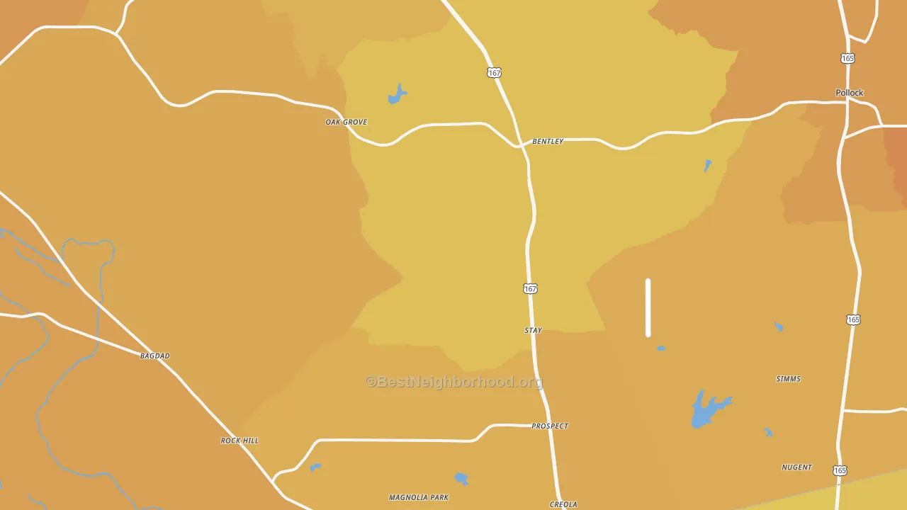 Map of the best neighborhoods in the Dry Prong area, with better matches in green and worse matches in red