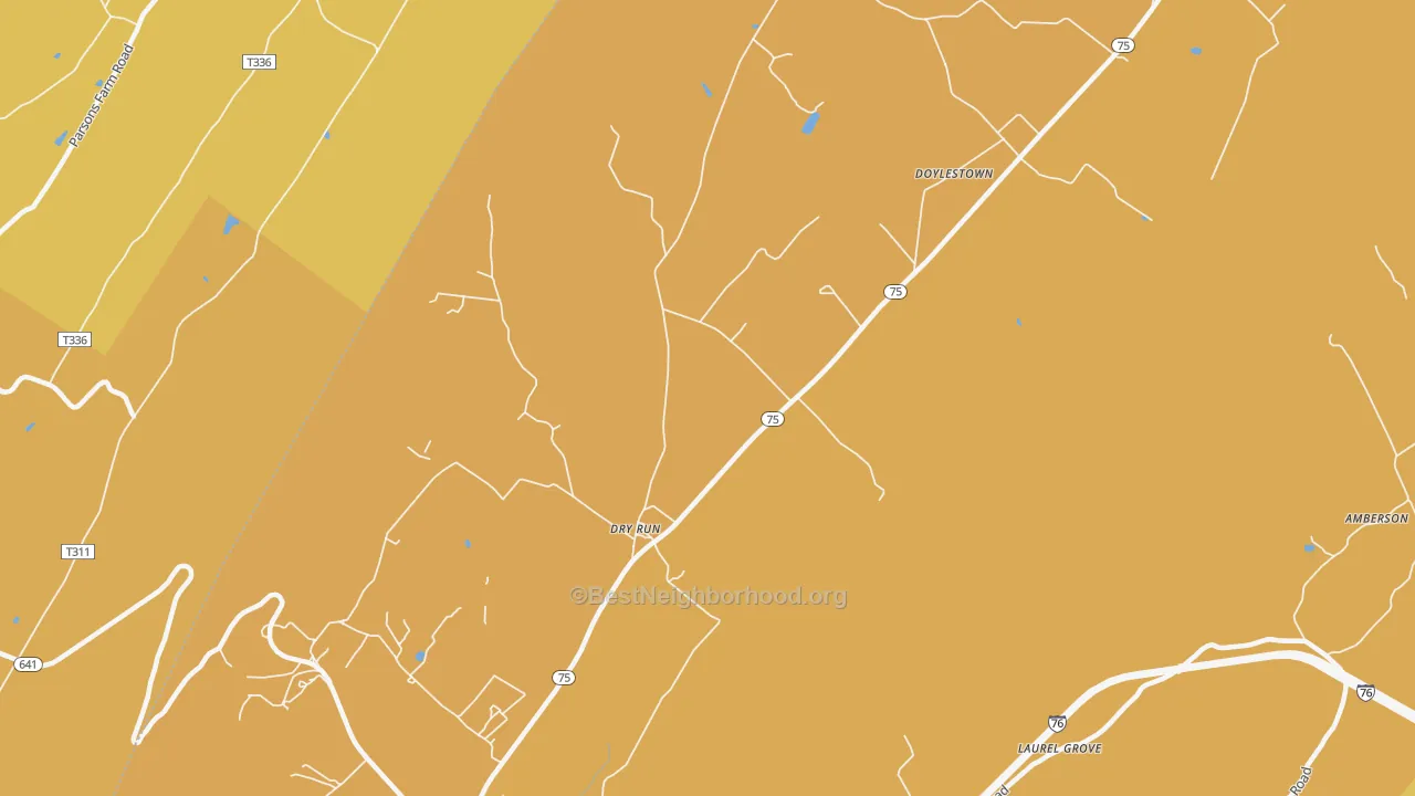Map of the best neighborhoods in the Dry Run area, with better matches in green and worse matches in red