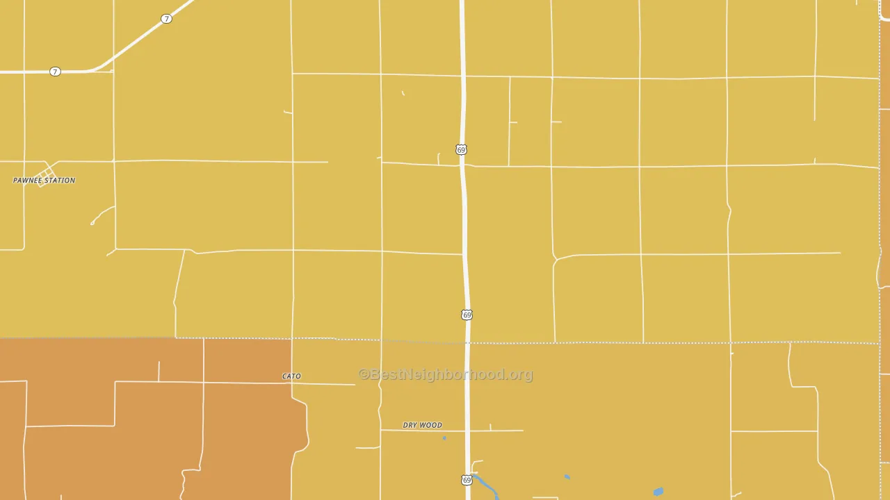 Map of the best neighborhoods in the Dry Wood area, with better matches in green and worse matches in red